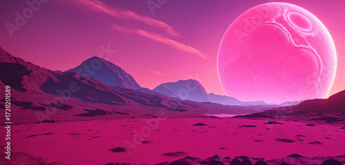 Surreal Pink Planet Landscape with Mountains at Sunset