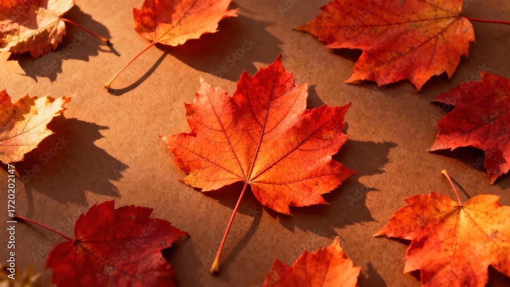Fototapeta premium Vibrant autumn leaves in warm, natural light, displaying a beautiful array of fiery reds and oranges against a light brown background.