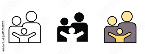Set of pixel perfect colored Family icon, 1 Silhouette, 1 Unexpanded, Icon representing a family group with parents and children.