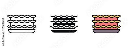 Set of pixel perfect colored Lasagna icon, 1 Silhouette, 1 Unexpanded, Icon of Italian food lasagna on a plate.