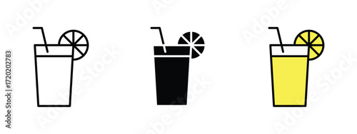 Set of pixel perfect colored lemoande icon, 1 Silhouette, 1 Unexpanded, Icon of a glass filled with fresh lemonade.