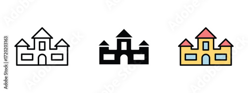 Set of pixel perfect colored Palace icon, 1 Silhouette, 1 Unexpanded, Icon of a palace building with towers.