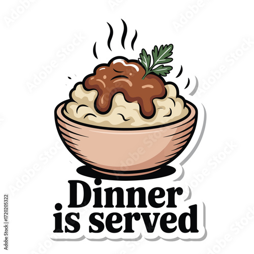 Mashed potato bowl with gravy cartoon vector illustration in black and white isolated design for Thanksgiving and holiday theme