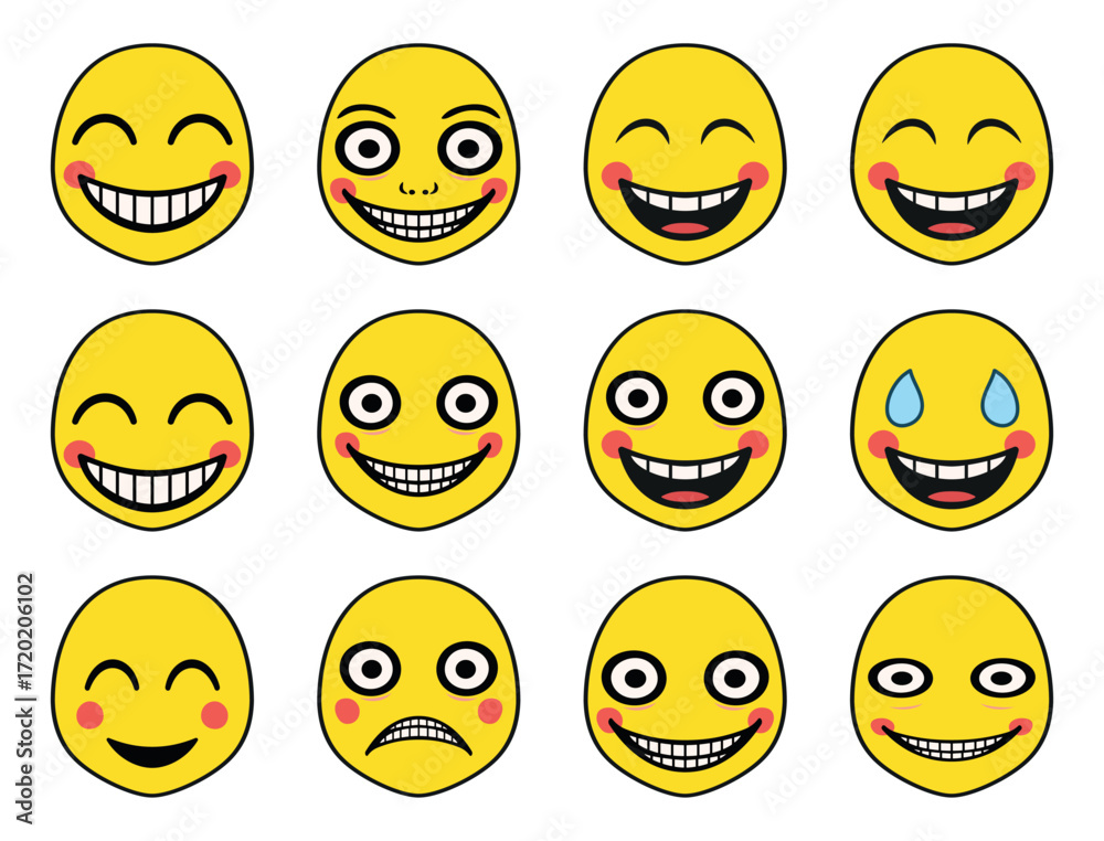 Fototapeta premium Collection of yellow cartoon emoji faces showing funny, creepy, sad, happy, crying, and silly expressions. Perfect for digital stickers, memes, emoticons, humor designs, and social media reactions.