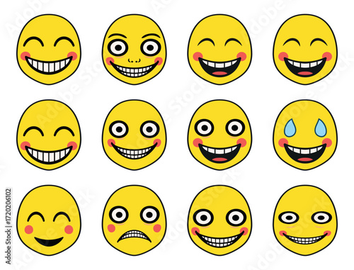 Collection of yellow cartoon emoji faces showing funny, creepy, sad, happy, crying, and silly expressions. Perfect for digital stickers, memes, emoticons, humor designs, and social media reactions.