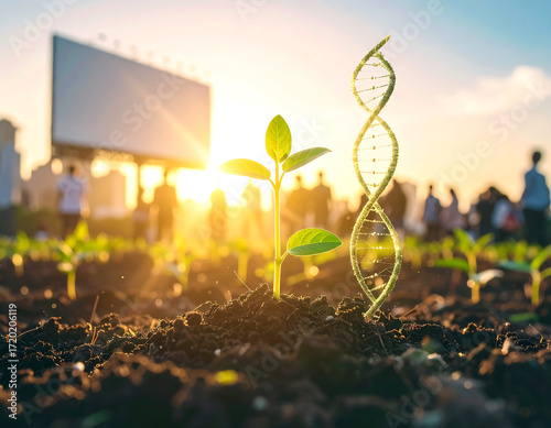 Genetic Engineering Young Plant Sprout with DNA Helix