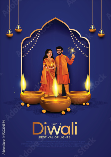 Indian festival of lights Happy Diwali with happy couple in traditional, holiday Background, Diwali celebration greeting card, vector illustration design.