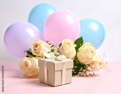 Pastel Roses, Gift Box & Balloons Delightful Gift Arrangement