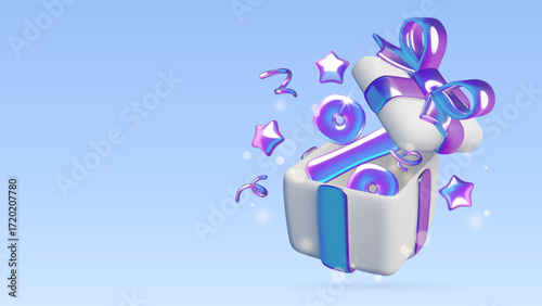Winter holiday sale background with 3d gift box and big percentage sign inside, exploding with stars and ribbons. Purple holographic shining Christmas present on blue background. Vector illustration. 
