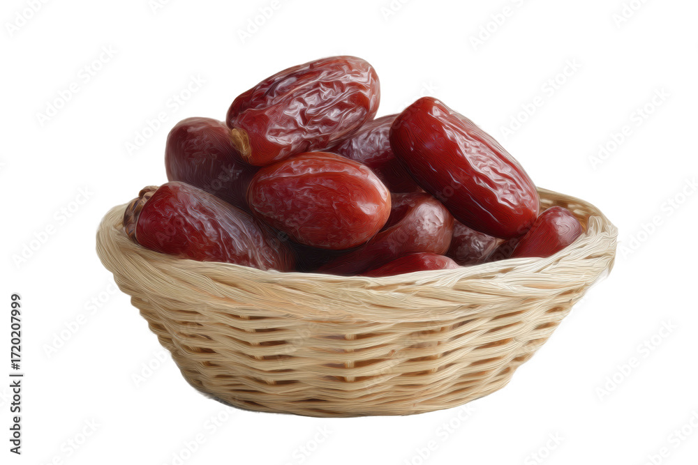 Obraz premium Basket of fresh dates on white background, cut out