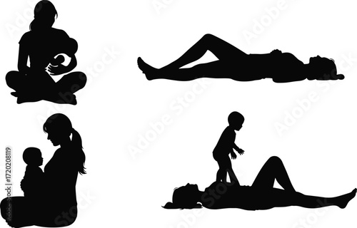 Silhouettes of mother and baby in various positions, breastfeeding, lying down, and child playing, vector illustration for parenting and family care