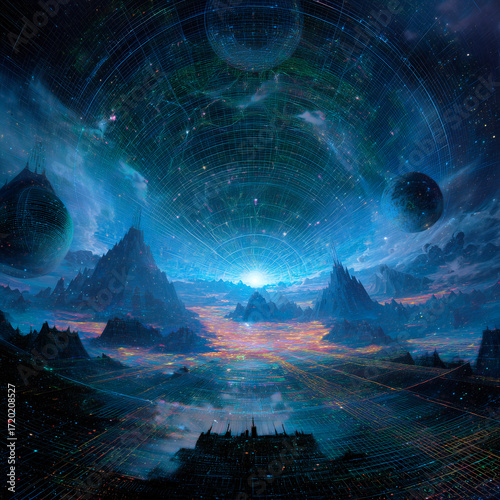 A mystical hadron collider on a massive scale, futuristic particle accelerator in the sky with mountainous surroundings.