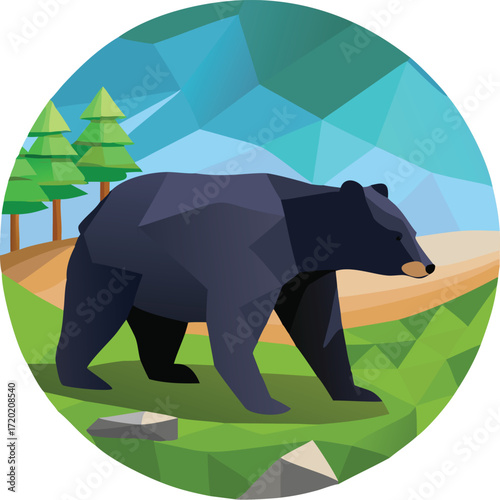 Low poly vector illustration of a grizzly bear standing on rocks in nature