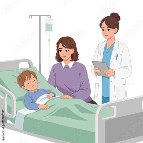 A young boy lies in a hospital bed, looking unwell, while his concerned mother stands by his side, and a doctor reviews his chart.