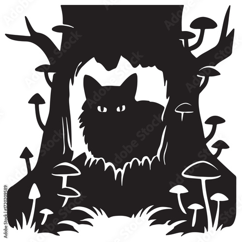 Cat in Tree Hollow with Mushrooms Black and White Silhouette Fantasy Illustration