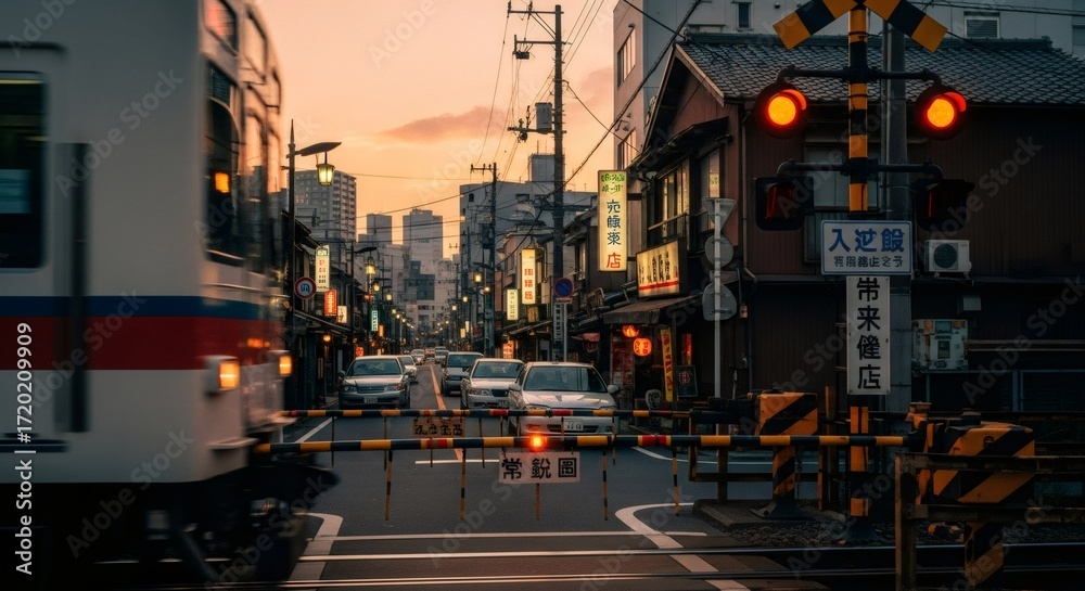 Fototapeta premium Nostalgic urban sunset scene at railroad crossing in Asian city. Melancholic 80s-90s vhs style cityscape with blurred train. Retro street photography concept for social media