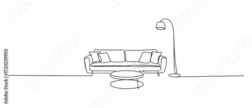 Single continuous line drawing stylish room with full furniture modern. Luxurious interior. one line Icon drawing with white background