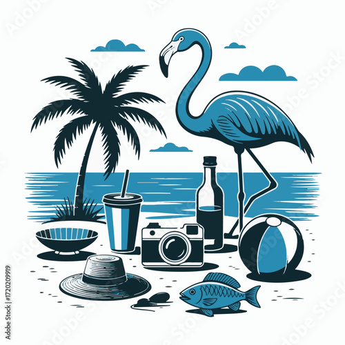 Stylized Beach Landscape with Flamingo and Palm Tree