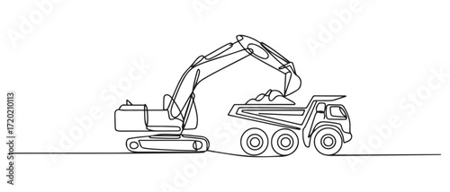 Continuous one line drawing an excavator is loading material using a heavy dump truck in mining. one line Icon drawing with white background