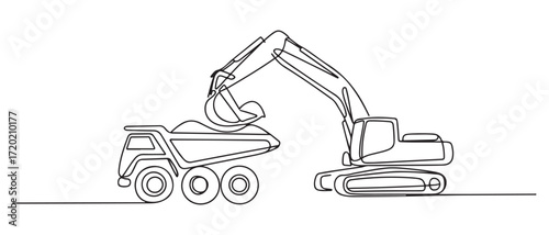 Continuous one line drawing an excavator is loading material using a heavy dump truck in mining. one line Icon drawing with white background