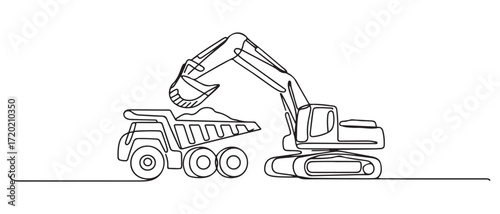Continuous one line drawing an excavator is loading material using a heavy dump truck in mining. one line Icon drawing with white background