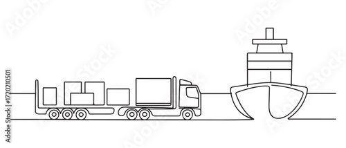Single one line drawing of a trucks carrying goods arrive at the port. Shipping through the ocean. one line Icon drawing with white background