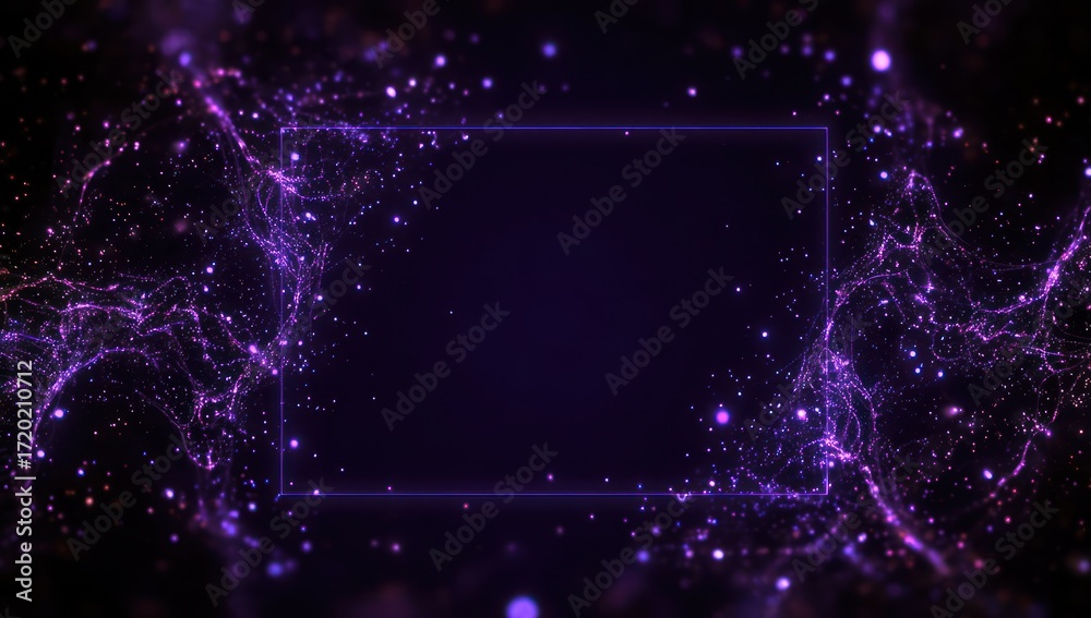 Obraz premium A dynamic, glowing, purple abstract background features swirling particles forming a frame around a dark center space.