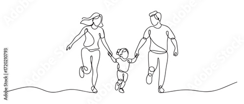 One continuous line drawing small family running while holding her child. Happy family concept. one line Icon drawing with white background