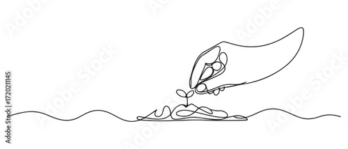Single one line drawing of planting a seed in soil. Farming challenge minimal concept. one line Icon drawing with white background