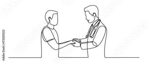 Single one line drawing The doctor holds a patient's hand to reassure the medical examination process. one line Icon drawing with white background