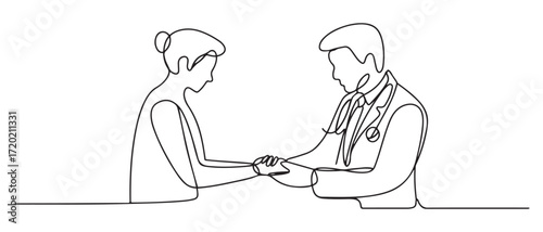 Single one line drawing The doctor holds a patient's hand to reassure the medical examination process. one line Icon drawing with white background