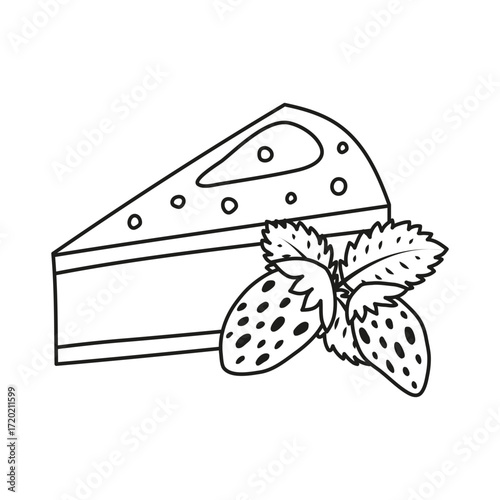 Cute hand drawn outline strawberry cheesecake with jelly layer on top and berries isolated on white background. Mousse cake slice.