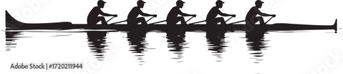 Black silhouette of five rowers in a racing shell on water with reflections rowing rowboat