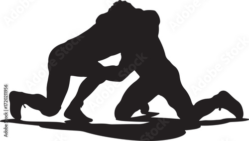 Black silhouette of two wrestlers grappling on a white background wrestling sport vector