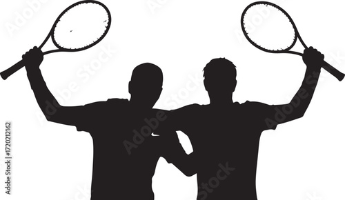 Two male tennis players silhouetted holding rackets aloft in victory celebration sport vector
