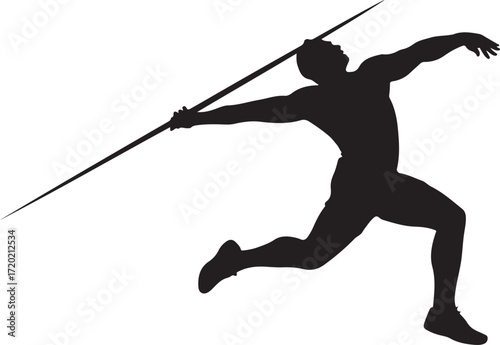 Black silhouette of a male athlete in motion throwing a javelin against a white background javelin throw