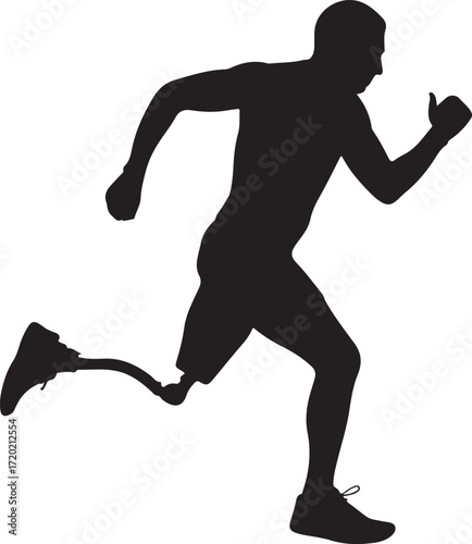 Black silhouette of a male runner with a prosthetic leg in motion on a white background running
