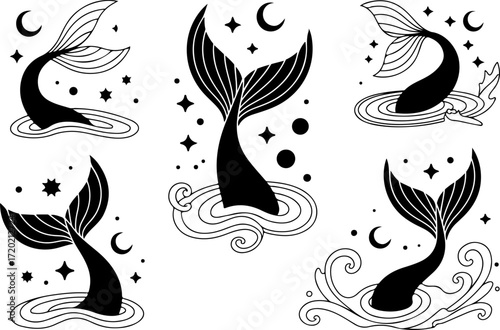 Mermaid Tail Silhouette Decorative Ocean Illustration Bundle