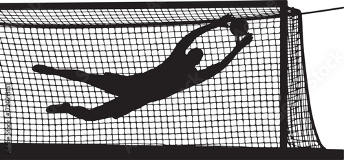 Black silhouette of a soccer goalkeeper diving to catch a ball within a net catching