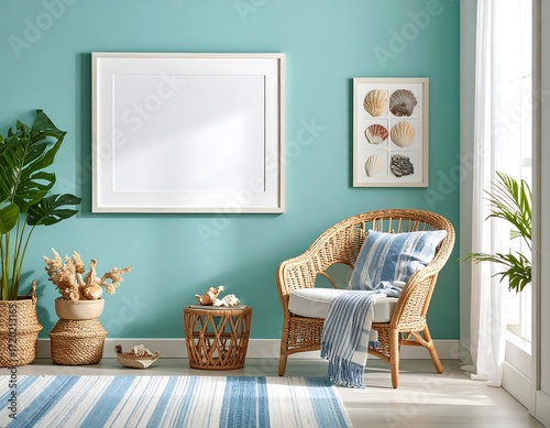 Coastal Living Room with Wicker Chair and Seashell Art image firefly
