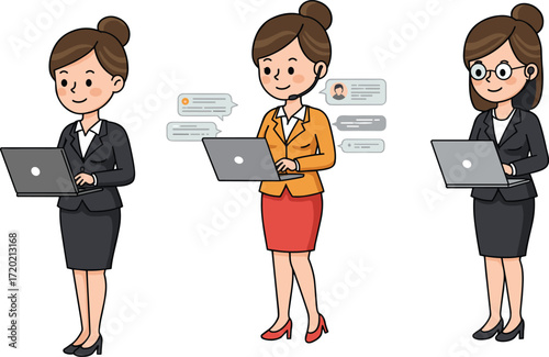 Cartoon business women working on laptops, professional female characters in office attire, multitasking illustration for workplace, tech, and communication themesCartoon business women