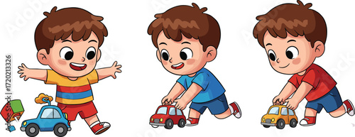 Cartoon child playing with toy cars in different poses and outfits, joyful toddler activity, fun childhood moment vector illustrationCartoon child playing with toy cars in different 