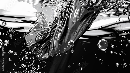 black and white storyboard sketch, extreme close-up of wet blazer fabric underwater, pencil visible texture of soaked cloth with folds and creases, bubbles clinging to the fabric.