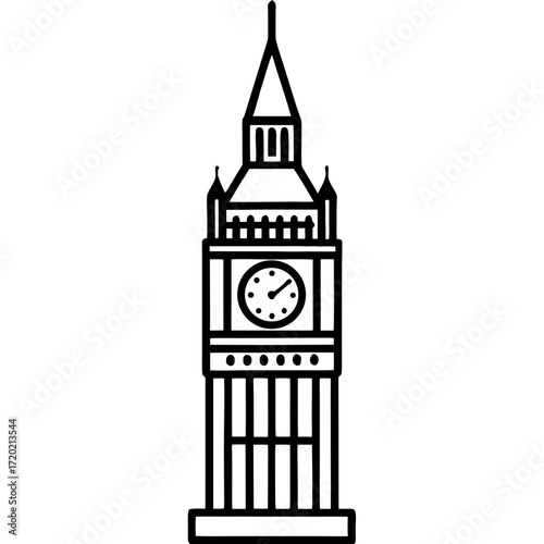 Outline drawing of Big Ben in one line, vector design on transparent background