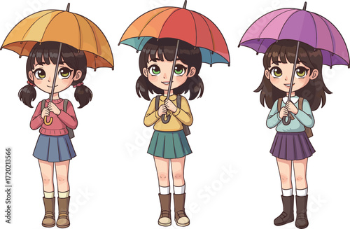 Cartoon girls holding colorful umbrellas in different outfits and hairstyles, rainy day character illustration for children vector design conceptCartoon girls holding colorful umbrellas 