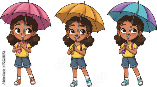 Cartoon girl holding colorful umbrella in different shades, cheerful rainy day character illustration for children vector design and clipart useCartoon girl holding colorful umbrella 