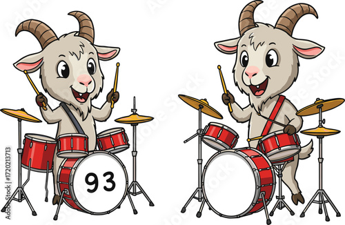 Cartoon Goats Playing Drums Vector Illustration Featuring Musical Animals, Red Drum Sets, Percussion Instruments, Funny Band Scene, and Entertainment ConceptCartoon Goats Playing Drums 