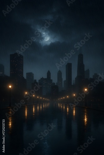 Dark city skyline at night with rain, glowing lamps, and moonlight reflecting on wet pavement.