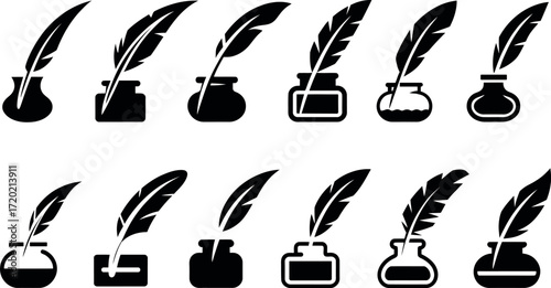 Set of Feather Quill Pen Icons in Ink Bottle Black Silhouette