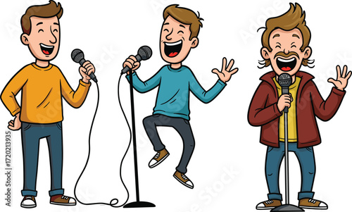 Cartoon singers performing with microphones in energetic poses, ideal for music, concert, karaoke, entertainment, and vocal expression illustrationsCartoon singers performing with microphones 